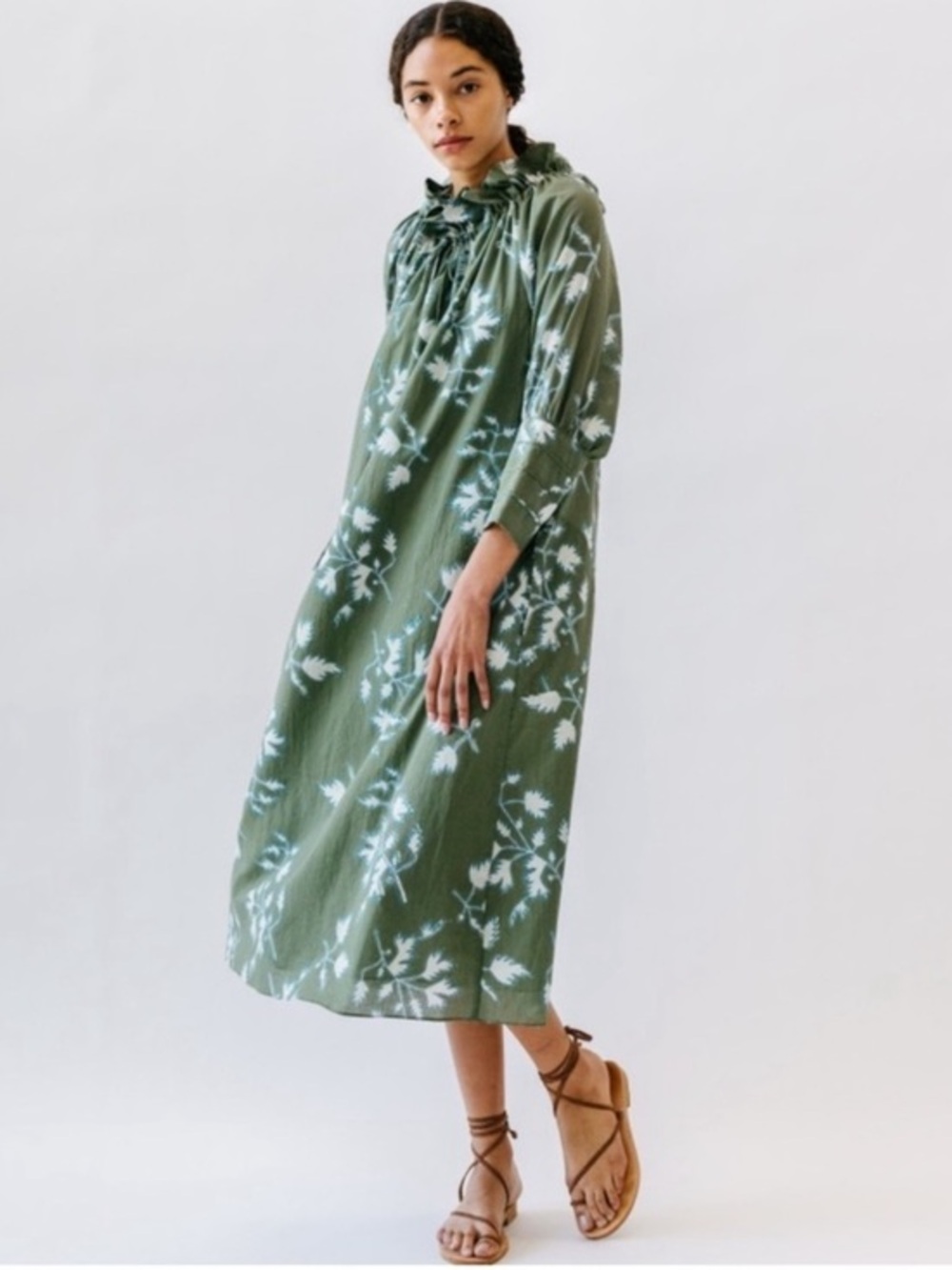 Mirth Vienna High Neck Midi Dress in Fig Leaf Olive Green 100% Cotton
